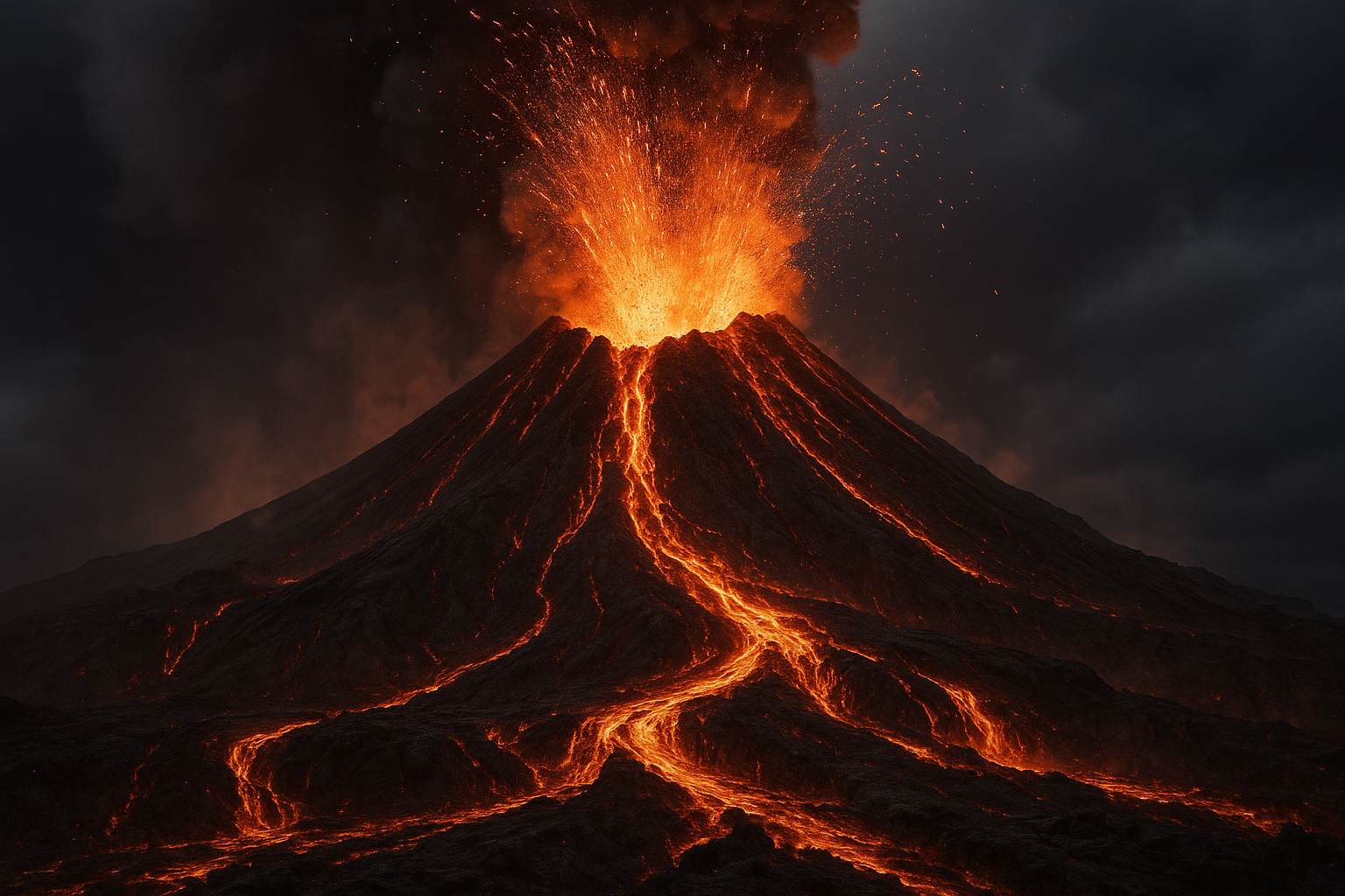 An erupting volcano at night, throwing lava and ash into the sky.